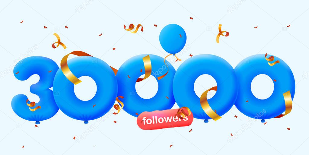 Banner with 30K followers thank you in form of 3d balloons and colorful confetti . Vector illustration 3d numbers for social media 30000 followers, concept of blogger celebrating subscribers