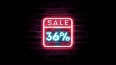 Neon mavi ve kırmızı satış ikonu. Tuğla arka planında yüzde 36 indirim var. Alışveriş reklamı.  