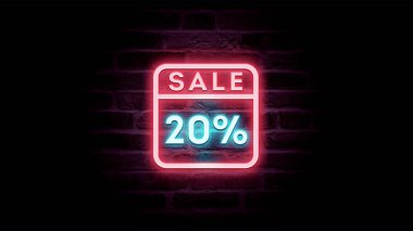 Neon mavi ve kırmızı satış ikonu% 20 indirimli tuğla arka planda, alışveriş reklamı  