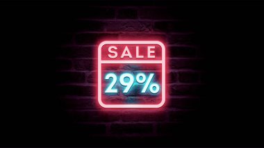 Neon mavi ve kırmızı satış ikonu% 29 indirimli tuğla arka planda, alışveriş reklamı  