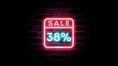 Neon mavi ve kırmızı indirim simgesi. Tuğla arka planında yüzde 38 indirim, alışveriş reklamı.  