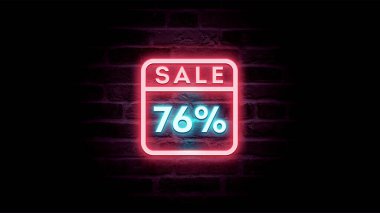 Neon mavi ve kırmızı satış ikonu% 76 indirimli tuğla arka planda, alışveriş reklamı  