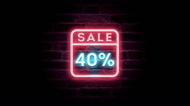 Neon mavi ve kırmızı satış ikonu% 40 indirimli tuğla arka planda, alışveriş reklamı  
