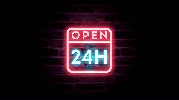 Open Hours Sign Neon Text Design Bricks Background — Stock Photo, Image