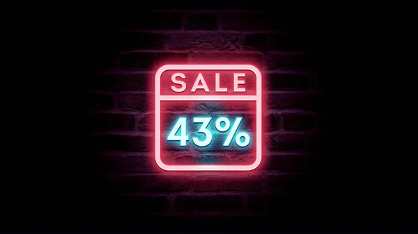 ネオンブルーと赤の販売のアイコンは レンガの背景に割引で43 ショッピングプロモーション広告 — ストック写真