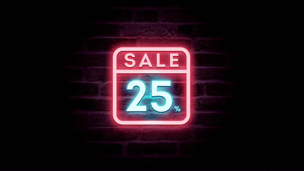 neon blue and red sale icon with discount 25 percent on bricks background, shopping promo advertisement