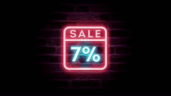 neon blue and red sale icon with discount 7 percent on bricks background, shopping promo advertisement