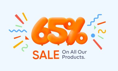 % 65 indirimli indirimli 3 boyutlu balon, sezonluk alışveriş reklamı, vektör tasarımı.     