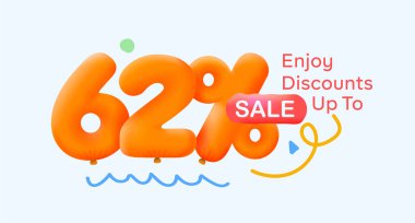 % 62 indirimli indirimli 3 boyutlu balon, sezonluk alışveriş reklamı, vektör tasarımı.     