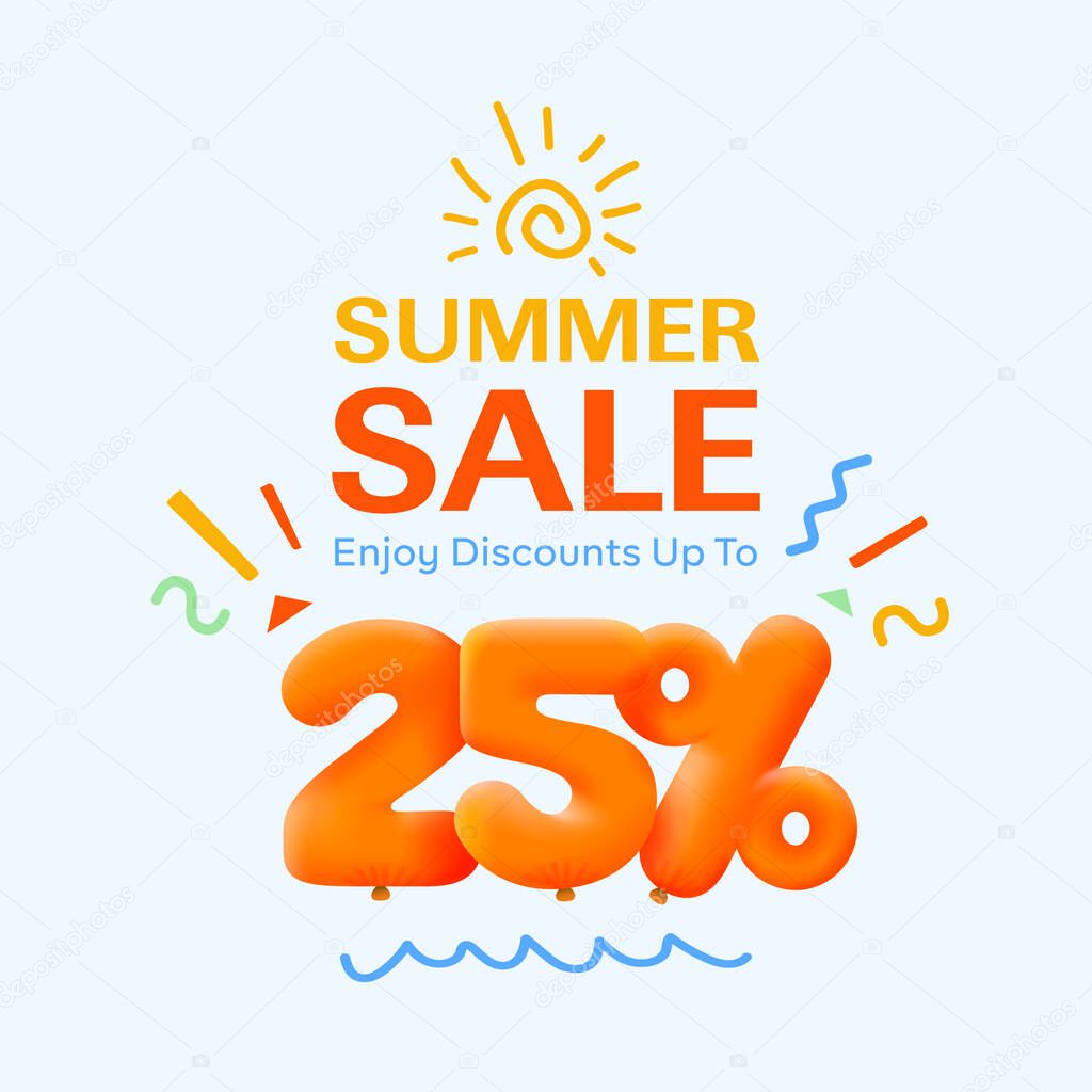 Special summer sale banner with discount 25 percent in form of 3d balloons, seasonal shopping promo advertisement , vector design     