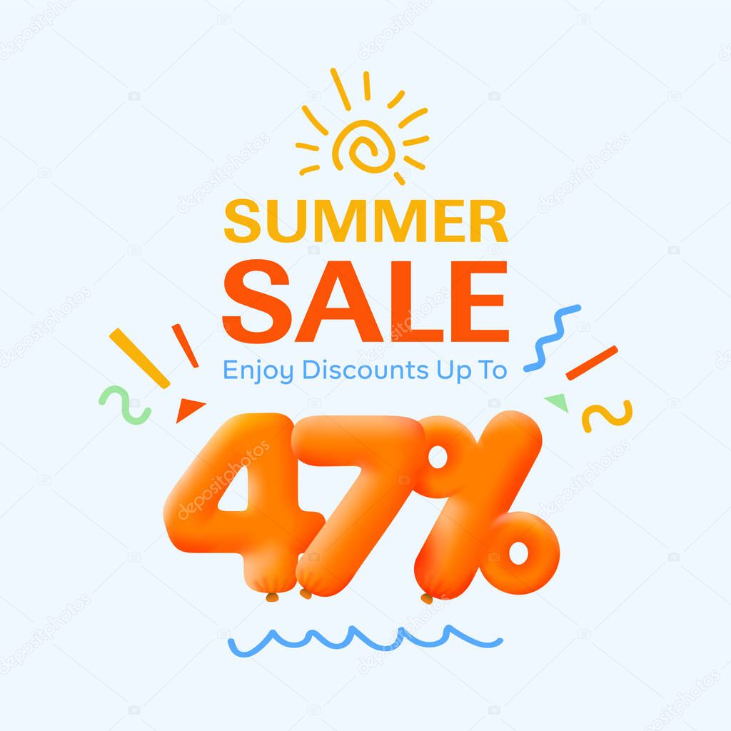 Special summer sale banner with discount 47 percent in form of 3d balloons, seasonal shopping promo advertisement , vector design     