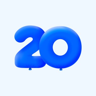 Gerçekçi 20 numara parti dekorasyonu 3 boyutlu helyum mavi balonları, vektör illüstrasyon tasarımı 