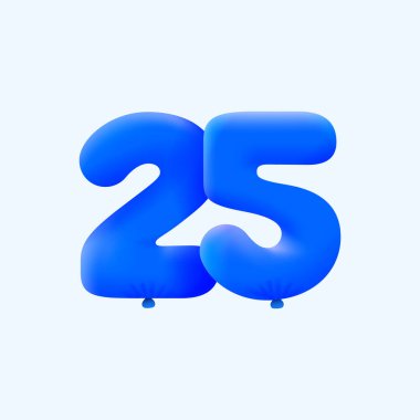 gerçekçi 25 numara parti dekorasyonu 3 boyutlu helyum mavi balonları, vektör illüstrasyon tasarımı 