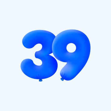 3D helyum mavi balonları şeklinde gerçekçi 39 numara parti dekorasyonu, vektör illüstrasyon tasarımı 