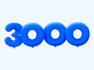 Mavi 3 boyutlu 3000 numaralı balon. Parti dekorasyonu için vektör illüstrasyon tasarımı