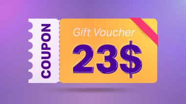 Web sitesi, internet reklamları, mor arka planda sosyal medya için 23 dolarlık indirimli hediye kuponu..