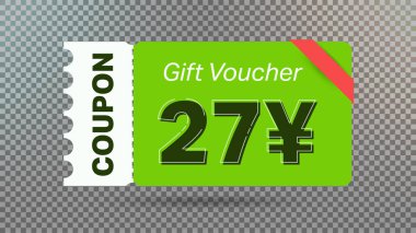 İnternet sitesi, internet reklamları, sosyal medya için yeşil 27 yen indirim kuponu.