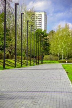 kaldırım taşı sokağı ve modern aydınlatma fenerleri