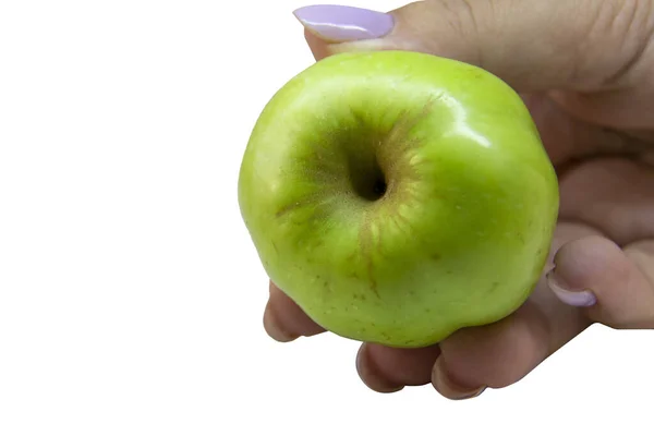 Soczysta Ręka Trzymająca Zielone Jabłko Białym Tle Ścieżka Wycinania Niewyraźny — Zdjęcie stockowe