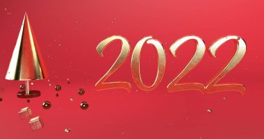 3D resim, süslemeli yeni yıl kırmızı afişi. 2022 altın köknar ağacı geometrik.