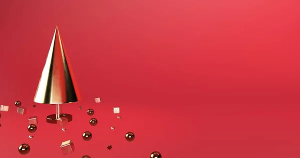 3d imagen, Año Nuevo banner rojo con decoración. abeto dorado geométrico. — Foto de Stock