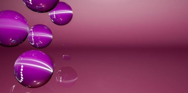 3 boyutlu resim, 3 boyutlu renkli toplarla soyut mor arkaplan, poster.