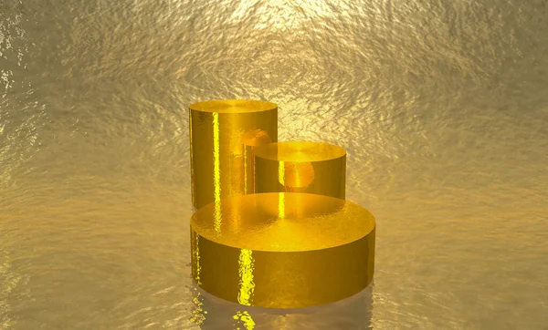 3 boyutlu görüntü, ürün tanıtımı için altın podyum arka planı. Model, geometrik platform.