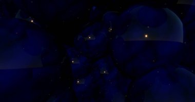 Dinamik 3 boyutlu küreleri olan soyut mavi arkaplan. Mavi arka planda mavi ve siyah balonlar.