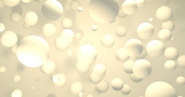 Dinamik üç boyutlu kürelerle soyut bej arkaplan. Bej arkaplanda beyaz ve kahverengi balonlar.