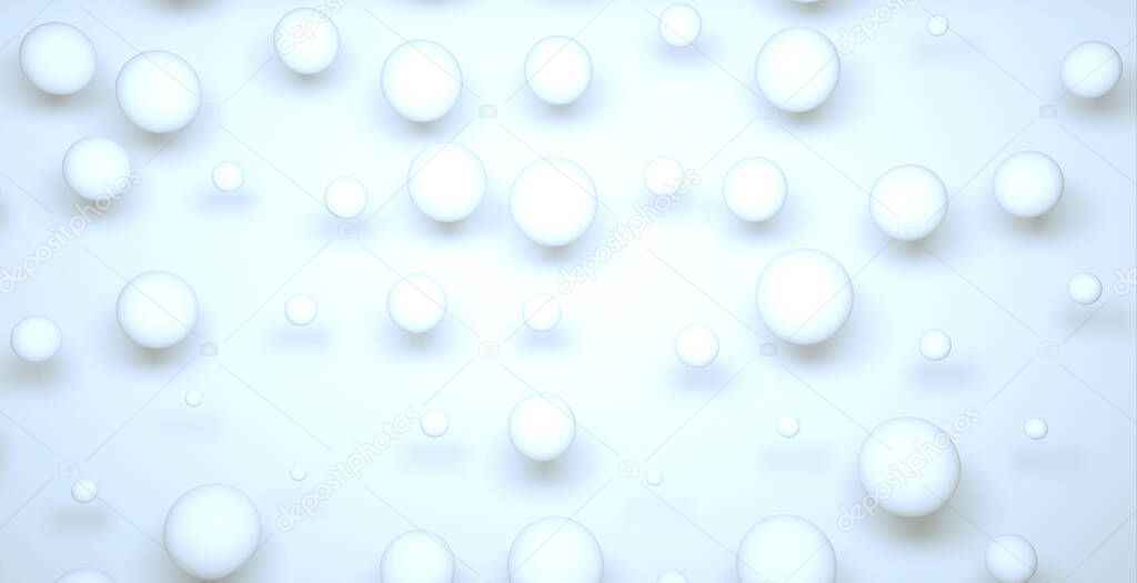 Abstract light background with dynamic 3d spheres. White balls on a blue background.