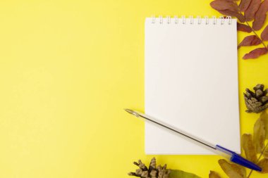 Sarı zemin üzerinde kalem ve sonbahar yaprakları olan boş bir defter. Dizaynınız, davetiyeniz ve kartpostalınız için Üst Görünüm Düz Şablonu 'nu Kopyala.