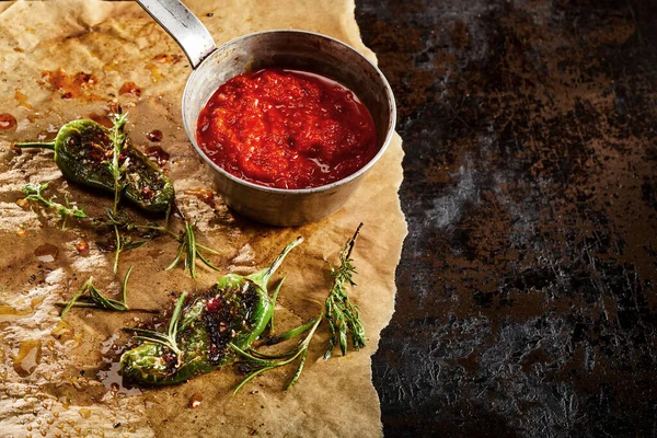 Peperoni Arrosto Con Salsa Pomodoro Padella Contro Carta Forno Tavolo — Foto Stock