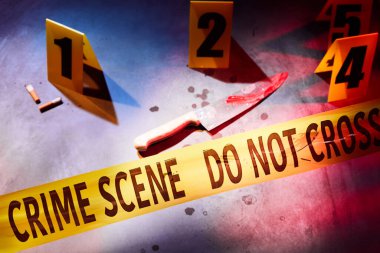 Bloody knife and bloodstains marked with evidence markers behind do not cross tape at crime scene clipart