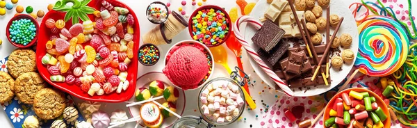 Panoramic Banner Assorted Colorful Candy Chocolate Cookies Ice Cream Kids — Stock Photo, Image