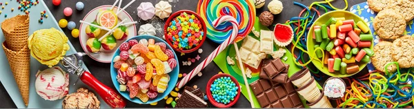 Assortment Colourful Festive Sweets Ice Cream Candy Panoramic Orientation — Stock Photo, Image