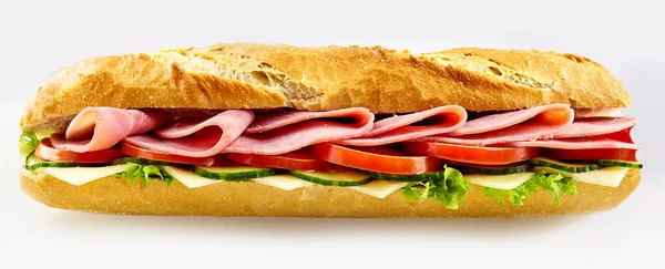 Sabroso Sándwich Baguette Fresca Con Jamón Horno Tomate Queso Lechuga — Foto de Stock