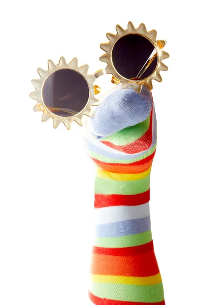 Funny Colorful Sock Puppet Sunglasses Isolated White Background — Stock Photo, Image