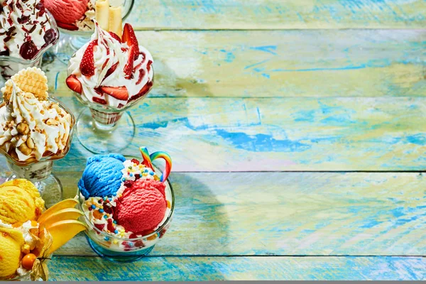 Assortment Different Flavor Italian Ice Cream Sundaes Wooden Table Copy — Stock Photo, Image