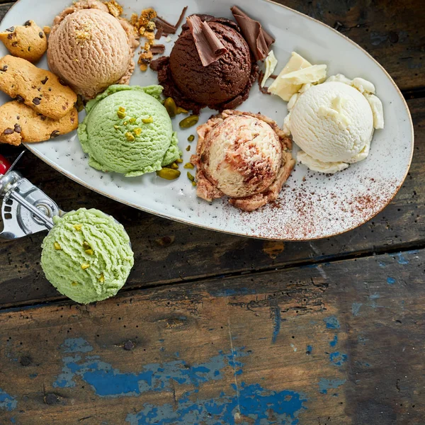 High Angle Still Life View Scoops Ice Cream Variety Delicious — 스톡 사진