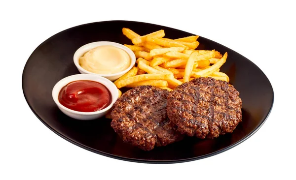 Minced Meat Burger Stakes French Fries Sauces Black Dish Isolated — Stock Photo, Image