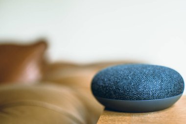 Google ev mini kanepenin yanındaki masada.