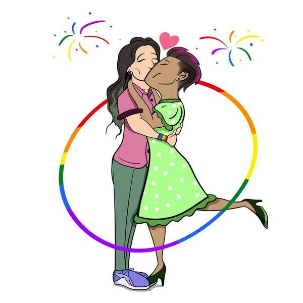 Dos Chicas Enamoradas Vector Graphic Orgullo Lgbt Celebración Lesbianas Vector — Vector de stock