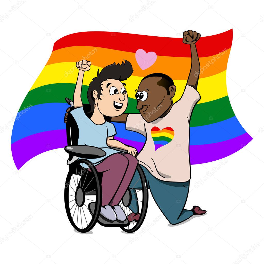 A Gay Couple of different race black and white in love. Man with disability. LGBTQ pride celebration vector graphic. Two males in love marriage with rainbow flag.