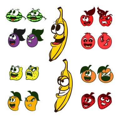Mutlu ve Öfkeli Meyveler ve Sebzeler Gülen Yüzlü Meyveler ve Kızgın İfadeler Elma Üzümlü, Karpuzlu, Portakallı, Portakallı, Çilekli,