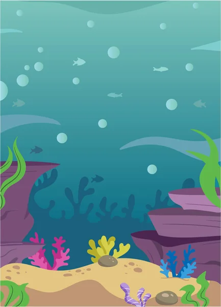 可愛い愛らしい魚と水中水生シーン水のサンゴ植物岩砂 海の背景シーン 水中要素セット キッズブック魚イラストハンドドロー 海底の魚 水族館 — ストックベクタ
