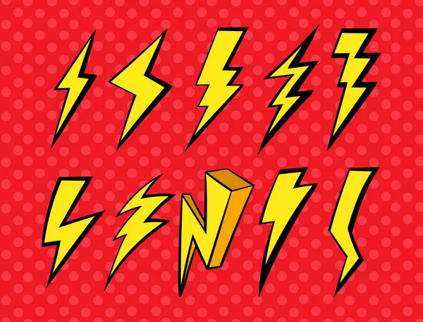 Pop Art Design Elements Retro Lightning Strike. Kalın Renkler Kırmızı, üzerinde Polka Dot deseni var ve Beyaz El Vector Cıvataları Arka plandan izole edildi. Klasik Gökyüzü elementleri. Neon Renkleri.