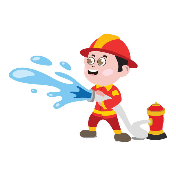 A Cute and Adorable Child Character in Cartoon Style. Kindergarten Preschool Kid Dressed as Professional Firefighter. Small Kid with firehose throwing water. Dream job. Big Dreams. Life Goals.