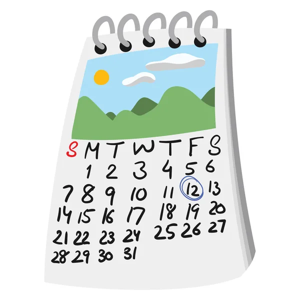 Çizgi film tarzı seyahat takvimi tarih işaretli ve üstünde seyahat resmi var. Tepeler, gökyüzü ve güneşli manzara. İzole Vektör Clipart.