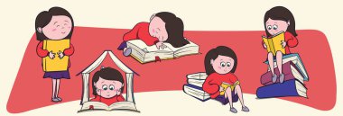 Büyük şirin küçük kız grubu, kitap sever büyük kitaplar ve romanlar okumayı sever. Çizgi film stili Mega Grafik Romanları için Bibliyofil Çizimi.