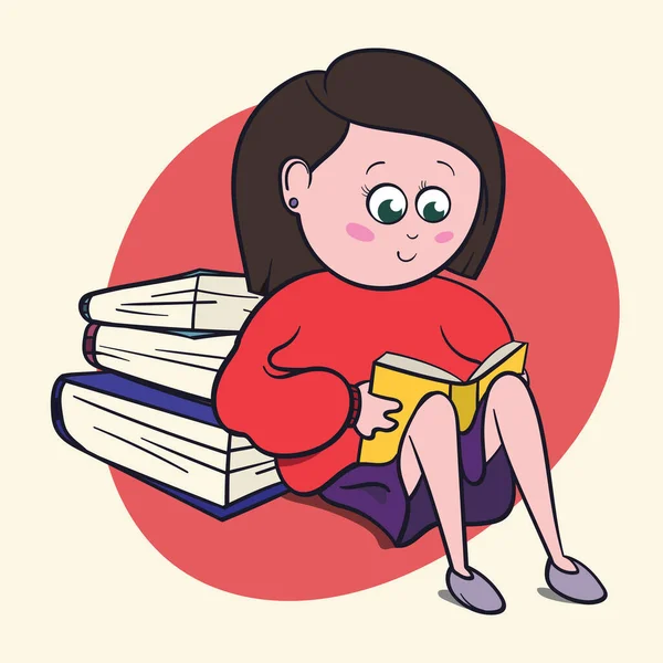 Aranyos Kislány Könyv Szerető Szeret Nagy Könyveket Regényeket Olvasni Rajzfilm — Stock Fotó